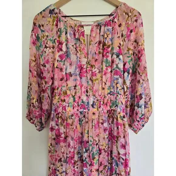 Shoshanna Silk Floral Midi Dress Pink Ruched Keyhole Size 8 - Picture 4 of 8